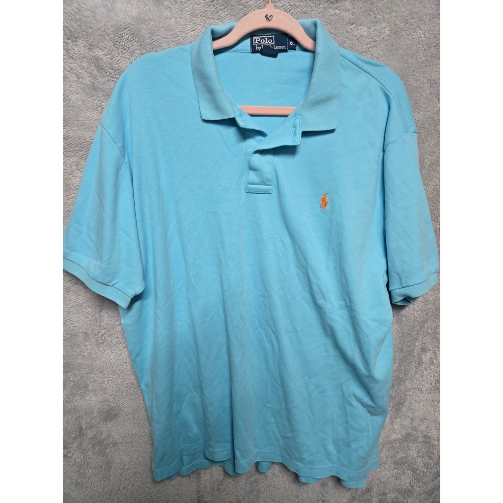 Polo Ralph Lauren Mens XL Blue Short Sleeve Pique Polo Shirt Orange Pony Logo